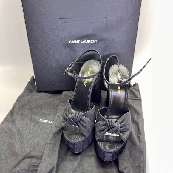 Saint Laurent Bianca Platform Sandals Sz EU36.5 US6.5 Black Knotted Satin Heels - Picture 1 of 16